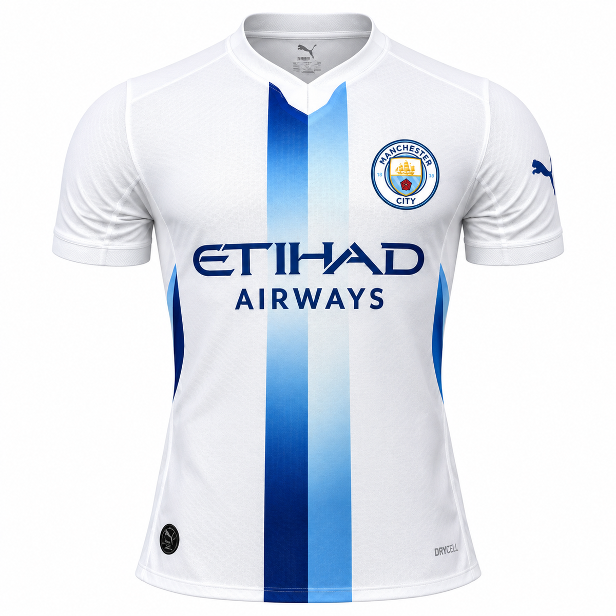 Manchester City Inspired White Football Jersey for Men | Blue Stripe Sports T-Shirt | Premium Fan Wear